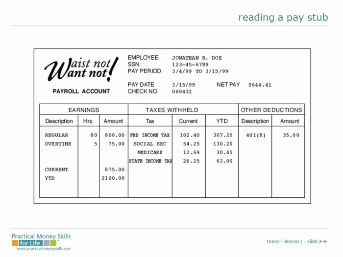 Reading a pay stub answer key